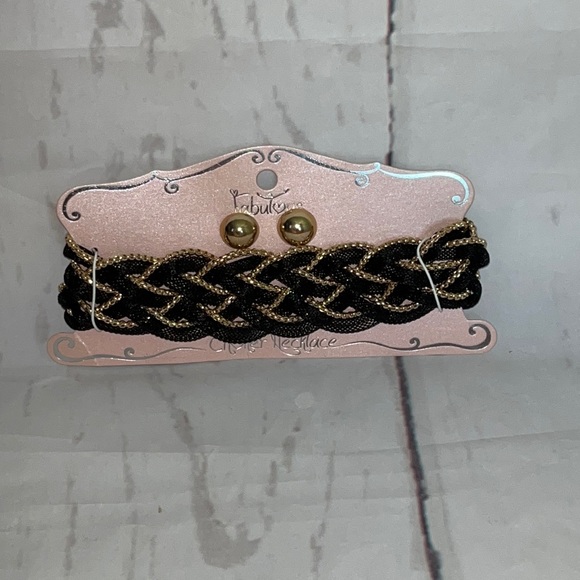 Mika Heavy Braided Metal Mesh Choker Necklace Set Black Gold - Picture 6 of 6